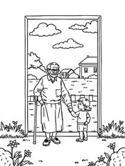 Minimilist grandfather and granddaughter holding hands in a garden scene with houses and clouds in the background vector