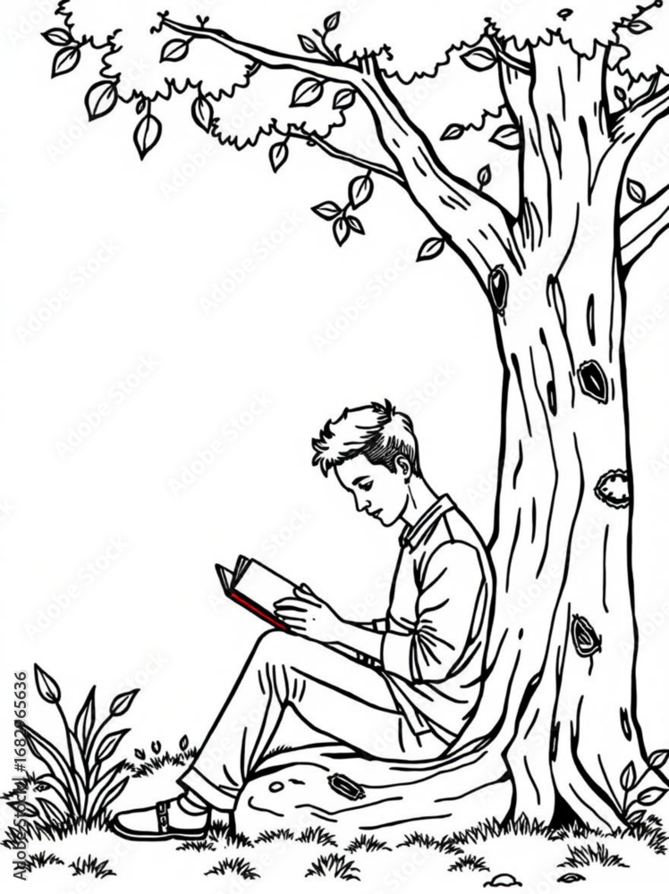 Poster minimilist illustration of a young man reading a book while sitting under a large tree with leaves a