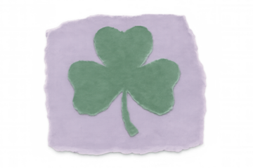 Green shamrock cut out of purple textured paper piece with transparent background, celebrating saint patrick's day
