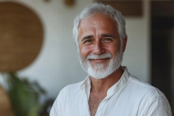 Close-up of a smiling senior retired man in a white shirt and gray hair, using his smartphone at home, Generative AI