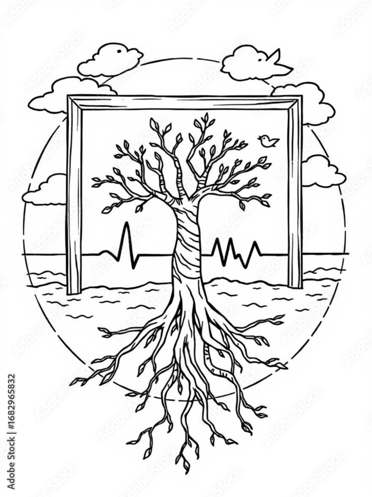 Poster minimilist a tree with roots and branches displayed inside a frame with clouds and a bird in a monoc