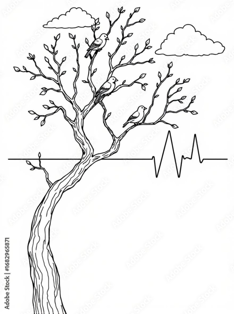 Poster minimilist a bare tree with three birds perched on its branches under clouds and a heartbeat line il
