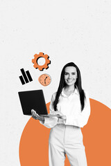 Banner image zine art pop trend collage of happy businesswoman surf laptop gearwheel settings optimization chart progress time