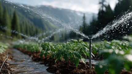 Sprinklers actively water growing tomato plants in a lush field, illuminated by warm sunlight against a softly blurred background.