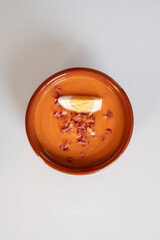 Salmorejo garnished with serrano ham and boiled egg