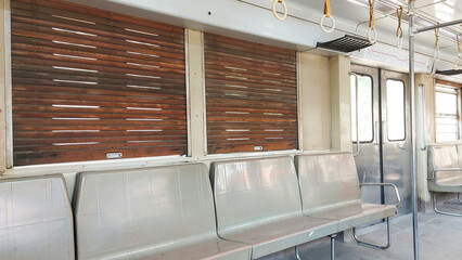 Vintage wooden window inside an old Cairo Metro carriage, offering a glimpse into the city's past....