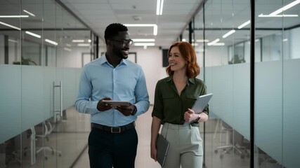 Two colleagues walking and talking in office hallway with tablets - Powered by Adobe