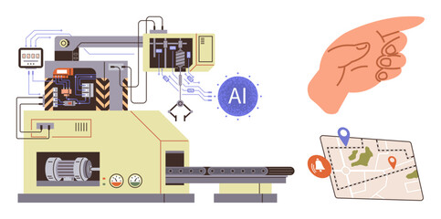 Industrial machine with AI system and robotic arm paired with a hand pointing at a location on a map. Ideal for artificial intelligence, automation, robotics, logistics, navigation, technology