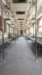 inside a vintage Cairo Metro car. This full interior view showcases the enduring design of its metallic seats, overhead handrails, and classic fixtures.
