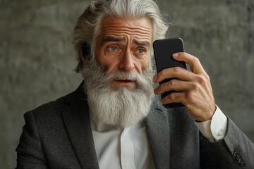 Serious senior male businessman holding a phone, looking troubled while rubbing his gray beard and speaking on a video call, Generative AI