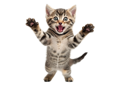 A tabby kitten standing on its hind legs with paws up in the air on a plain white background studio shot