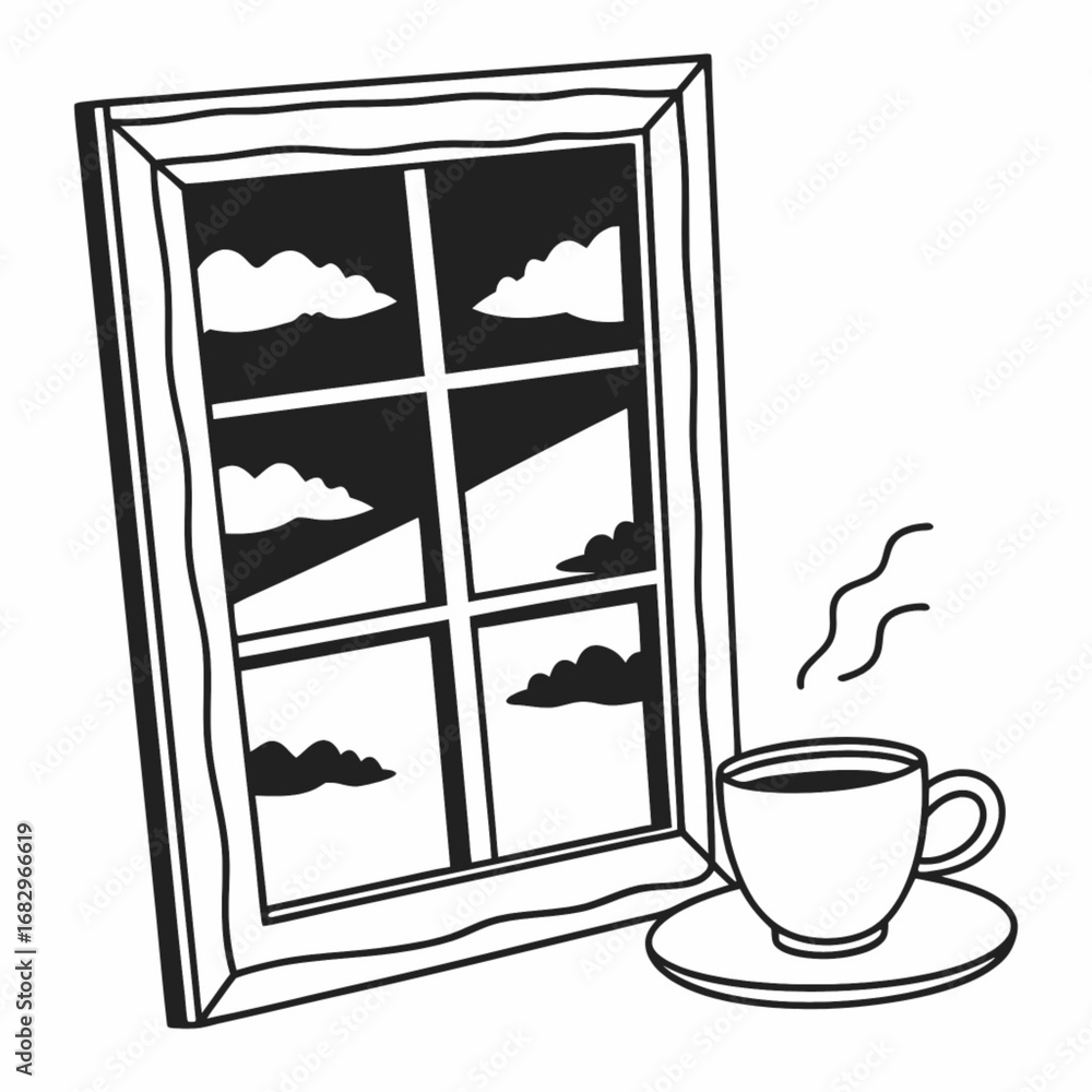 Poster minimilist a window view with clouds and a cup of coffee with steam in a black and white line drawin