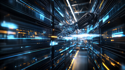 Futuristic Data Center with Robotic Arm and Illuminated Servers