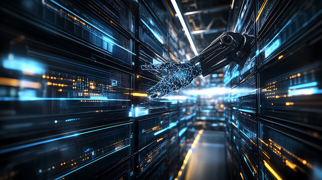 Futuristic Data Center with Robotic Arm and Illuminated Servers