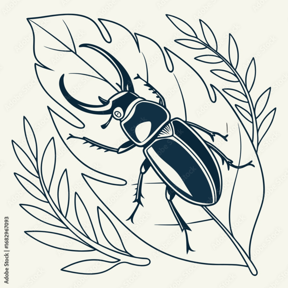 Poster minimilist illustration of a stag beetle on a leaf surrounded by leafy branches in a line art style 