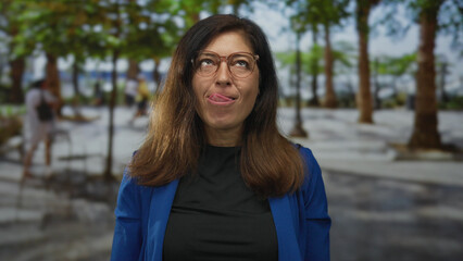 Woman with brown hair wearing blue jacket and glasses sticks out tongue in green forest; carefree...