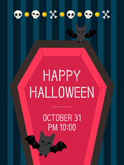 할로윈 일러스트. 뱀파이어의 관과 박쥐로 꾸며진 할로윈 축제 포스터 디자인. 벡터 일러스트