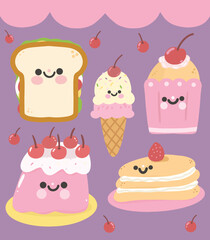 Set of cute smiley dessert and sweet food vector illustration art