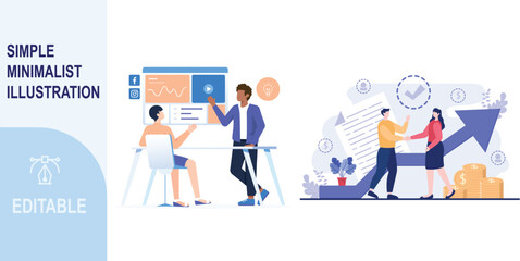 Presentation, vision, strategy. The male leader explains profitable investment opportunity, business plan. Vector illustration