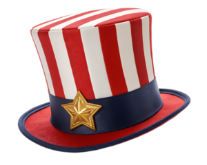 A patriotic top hat with red and white stripes, a blue band, and a gold star on a white background