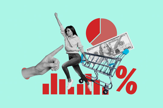 Creative design composite trend collage of analyzing graphics trader target business young lady walk trolley banknote percent inflation