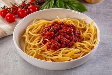 Italian pasta spaghetti bolognese with minced beef meat and tomato sauce