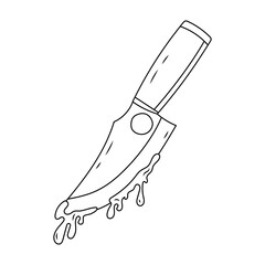 Bloody hunting knives in doodle style. Sharp butcher knife for killing and cutting meat with drops of blood. Crime weapon for Halloween decoration. Vector illustration on isolated white background