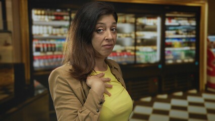 Woman with palm on chest making a gesture of disgust inside a building filled with refrigerated display cases; disgust.