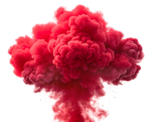 A vibrant red explosion of smoke against a stark white backdrop creating a dramatic visual effect