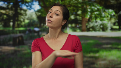 Middle aged hispanic woman in red shirt finger wag with slight head tilt in green park; firm...