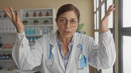 Woman doctor wearing white lab coat and stethoscope gestures with raised hands and expressive face in clinic; compassion.
