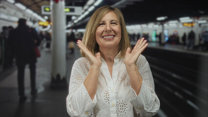 Woman in white blouse cups cheeks with hands on station platform inside building; joy contentment serenity.