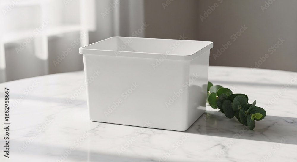 Poster white rectangular container on a marble table with plant