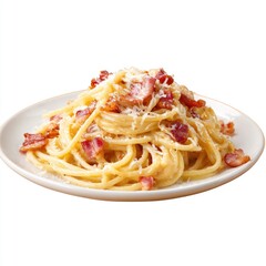 Creamy pasta dish with bacon and cheese.  A mound of golden spaghetti is topped with crispy bacon pieces and grated cheese
