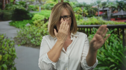 Woman in white shirt holds both hands flat forward on pathway in park stop gesture; concern warning...