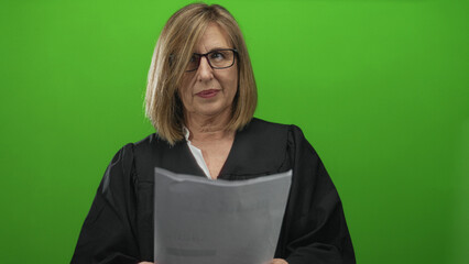 Judge reading legal document with focused eyes and hands holding paper in studio setting under...