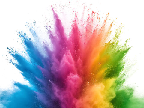 Colorful explosion of powder paint against a white background in a dynamic symmetrical composition