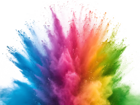 Colorful explosion of powder paint against a white background in a dynamic symmetrical composition