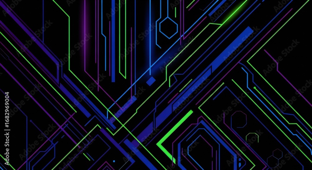 Poster dynamic neon circuit board design with vibrant lines on black background, perfect for tech and futur