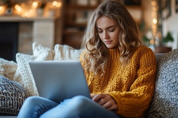 Close-up shot of a young woman sitting on a sofa, holding her back and waist while balancing a laptop on her lap, indicating tension and pain, Generative AI