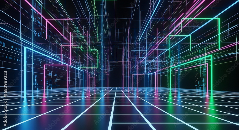 Poster dynamic neon grid tunnel with vibrant glowing lines, perfect for futuristic technology concepts, dat