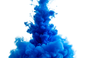 A vibrant cloud of blue ink dispersing in clear water against a bright white background scene capture