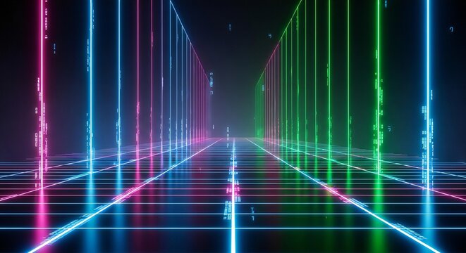 Futuristic neon tunnel with vibrant blue, pink, and green lights, perfect for tech, gaming, and digital design projects