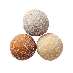 Top-down view of three round Indian coconut sweets with fine dusting, isolated on transparent background.
