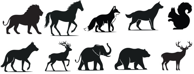 Fototapeta premium Silhouette images of various animals including a lion horse fox wolf squirrel and elephant and deer bear