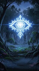 Fototapeta premium Mystical glowing eye symbol in enchanted forest with ethereal light