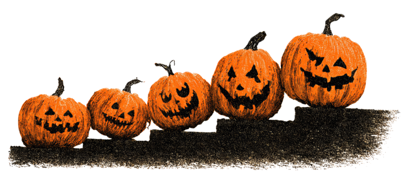 A row of spooky jack-o’-lantern faces in chalk style with stair-step alignment, isolated on transparent background.
