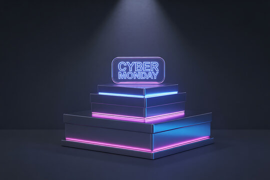 Step up your savings with a dazzling Cyber Monday neon sign display, highlighting incredible deals and electronic promotions on a sleek, modern stage with vibrant lighting.