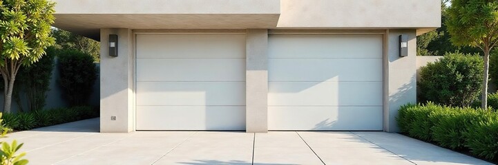 Modern double garage doors open to reveal a clean, spacious driveway, bathed in sunlight Ideal for home improvement, real estate, and architectural projects , real estate, bright