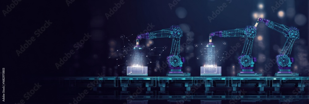 Poster robotic arms work efficiently to assemble items on a conveyor system in a high-tech warehouse, illum